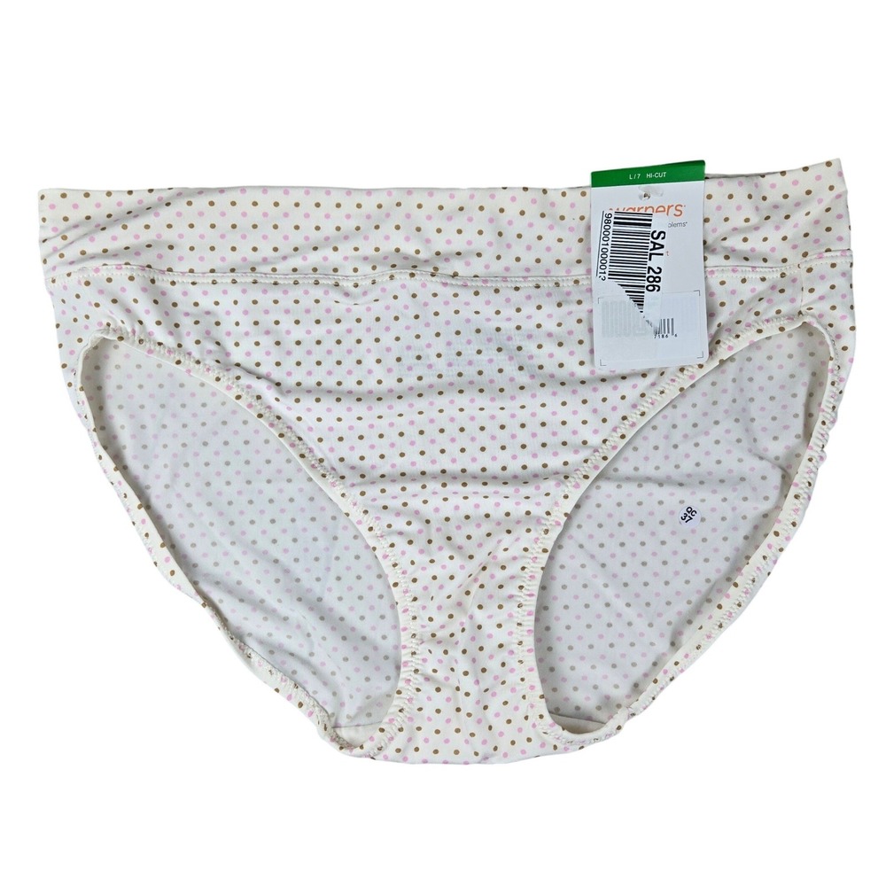 Warners No Muffin Top Hi-Cut Panties Size 7 L White Pink Gold Polka Dot WR5138